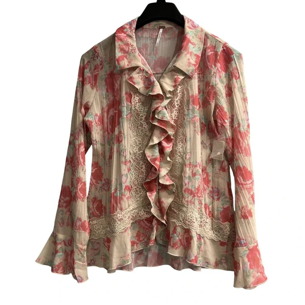 Free People Top Ivory Pink Floral‎ Ruffle Button Down Size M Victorian Feminine